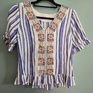 THML Blue and White Embroidered Peplum Blouse
